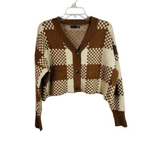 Dazy Women Cardigan Sweater S Checkered Pattern Brown Beige Button Closure Short
